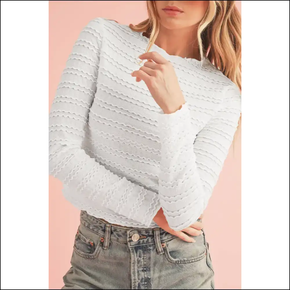 Wrinkle Release: Chic White Crinkle Jacquard Slim Fit Top 😜 Needful Things - s - Long Sleeve Tops Shirts & on Sale Worldwide Shipping