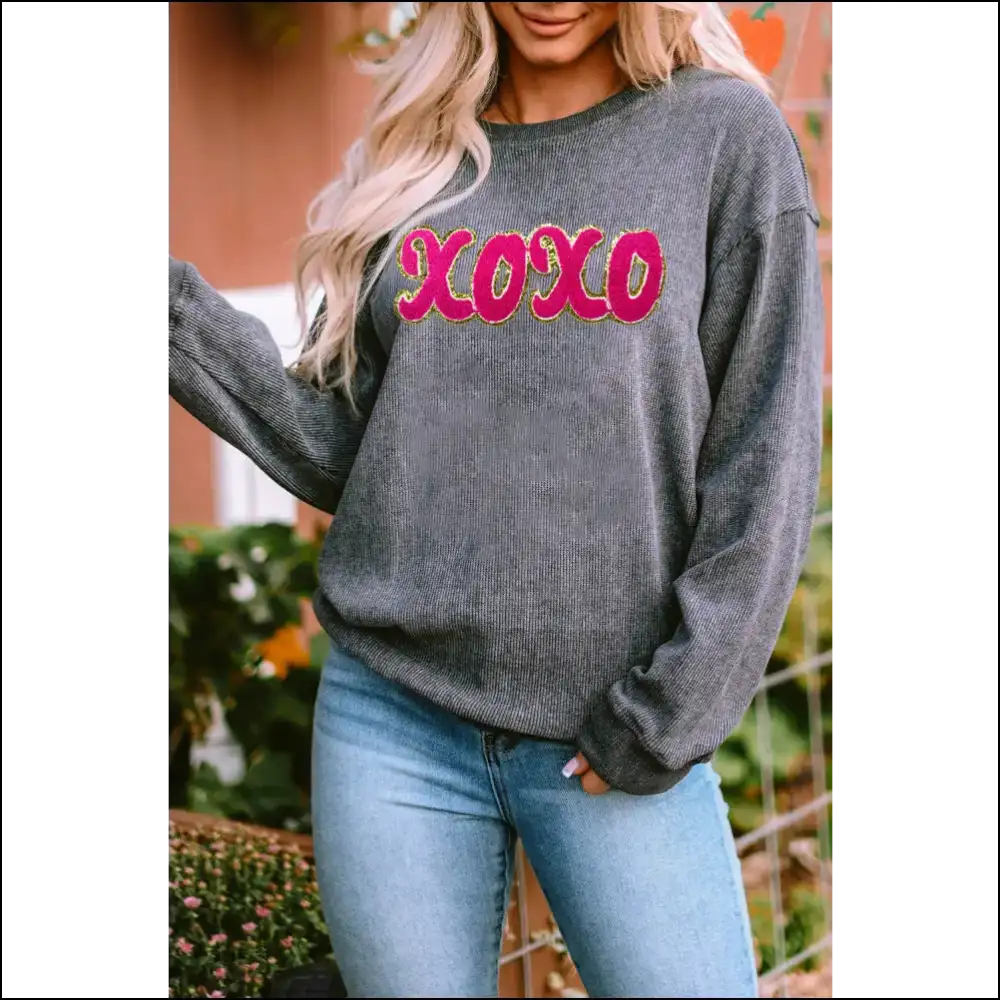 Xoxo Sequin Round Neck Sweatshirt - Dark Gray / s - Sweatshirts & Hoodies on Sale Worldwide Shipping