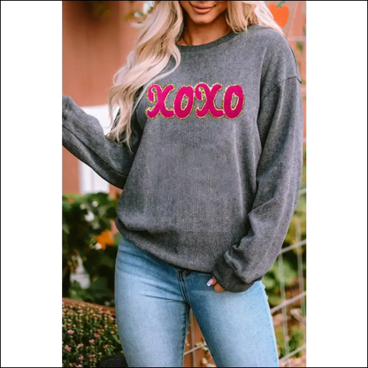 Xoxo Sequin Round Neck Sweatshirt - Dark Gray / s - Sweatshirts & Hoodies on Sale Worldwide Shipping
