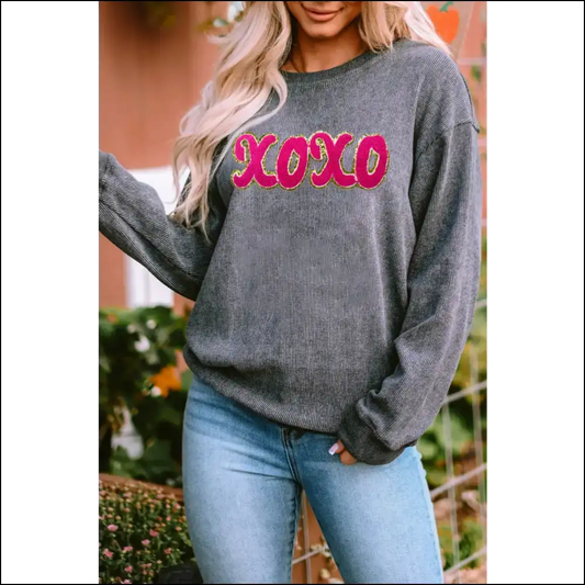 Xoxo Sequin Round Neck Sweatshirt - Dark Gray / s - Sweatshirts & Hoodies on Sale Worldwide Shipping