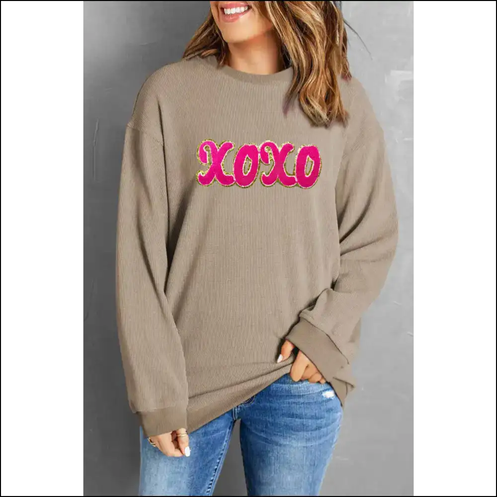 Xoxo Sequin Round Neck Sweatshirt - Tan / s - Sweatshirts & Hoodies on Sale Worldwide Shipping