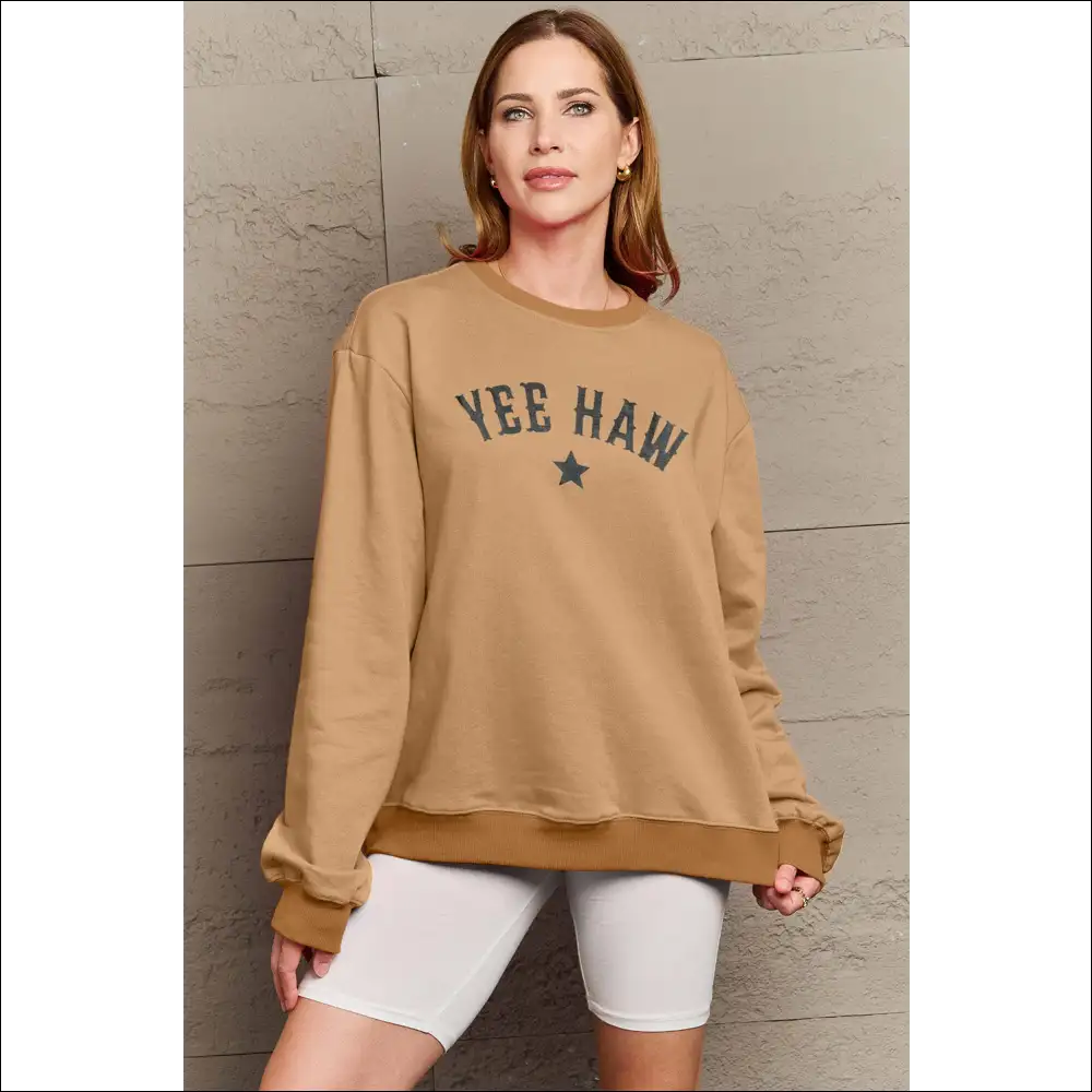 Yeehaw Graphic Round Neck Sweatshirt - Camel / l - Sweatshirts & Hoodies on Sale Worldwide Shipping