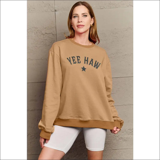 Yeehaw Graphic Round Neck Sweatshirt - Camel / l - Sweatshirts & Hoodies on Sale Worldwide Shipping