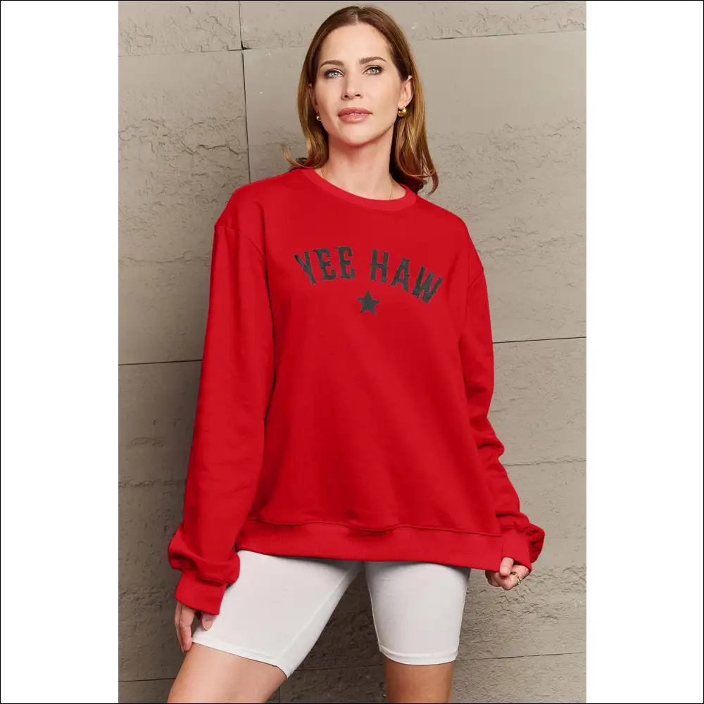 Yeehaw Graphic Round Neck Sweatshirt - Red / s - Sweatshirts & Hoodies on Sale Worldwide Shipping
