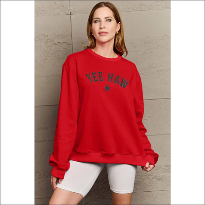 Yeehaw Graphic Round Neck Sweatshirt - Red / s - Sweatshirts & Hoodies on Sale Worldwide Shipping