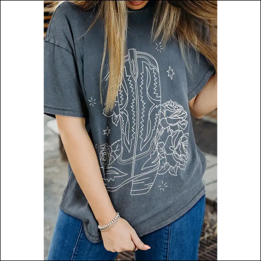 Yeehaw! Needful Things Floral Graphic Tee: Boots Blooms & Badassery 🤠🌸 - Grey / s - t Shirts on Sale Worldwide Shipping