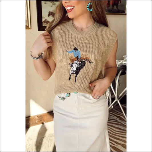 Yeehaw! Parchment Cowboy Embroidery Top: Dressed to Frill at Needful Things 🤠 - s - Knit Tops on Sale Worldwide Shipping