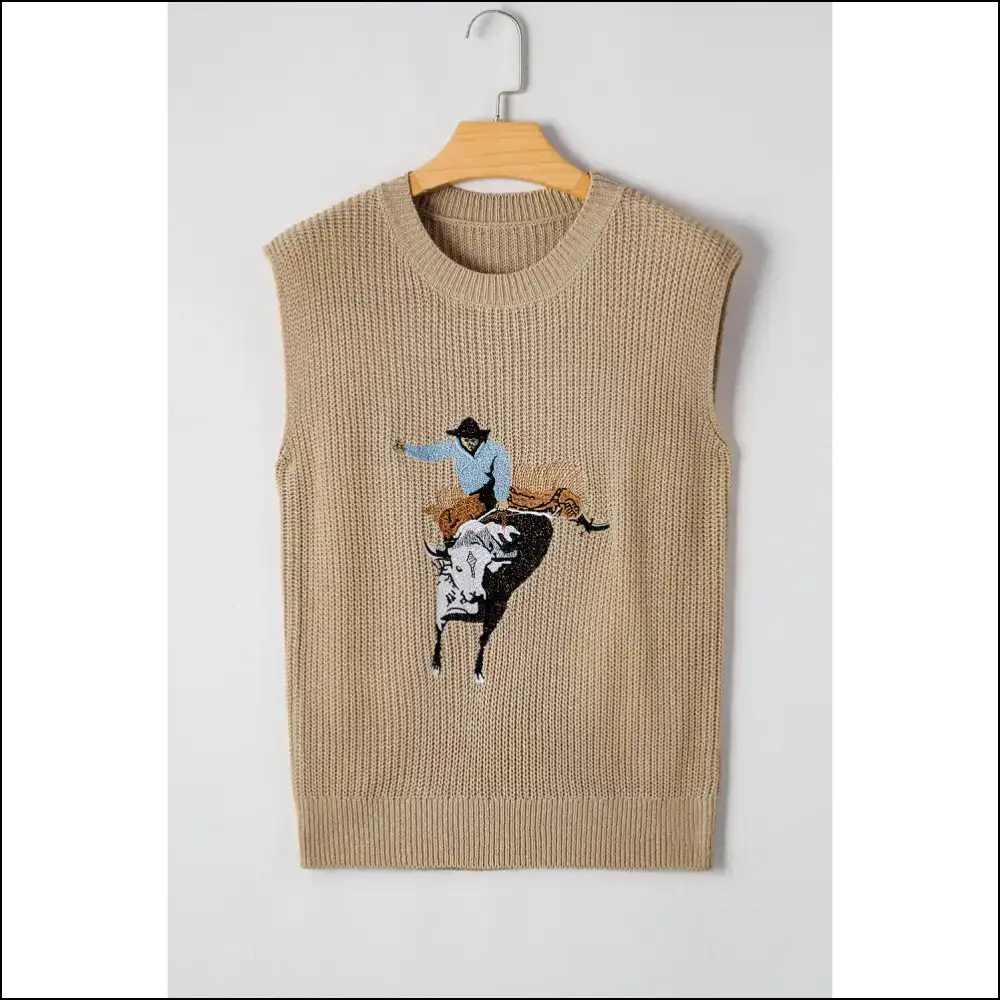 Yeehaw! Parchment Cowboy Embroidery Top: Dressed to Frill at Needful Things 🤠 - Knit Tops on Sale Worldwide Shipping