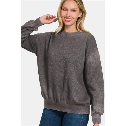 Zenana Acid Wash Cozy Fleece Long Sleeve Sweatshirt - Black / s - Sweatshirts & Hoodies on Sale Worldwide Shipping