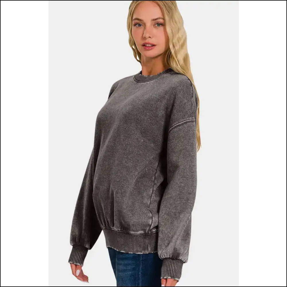Zenana Acid Wash Cozy Fleece Long Sleeve Sweatshirt - Sweatshirts & Hoodies on Sale Worldwide Shipping