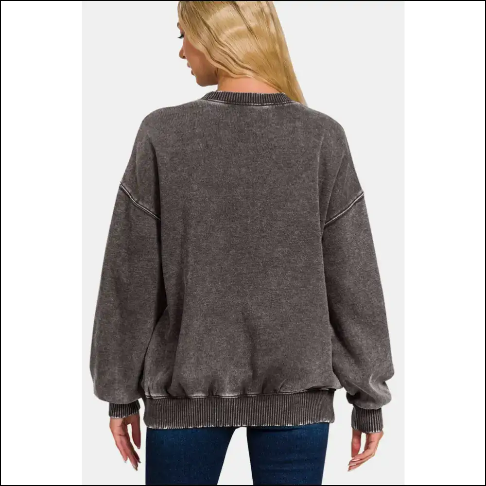 Zenana Acid Wash Cozy Fleece Long Sleeve Sweatshirt - Sweatshirts & Hoodies on Sale Worldwide Shipping