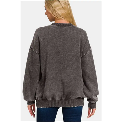 Zenana Acid Wash Cozy Fleece Long Sleeve Sweatshirt - Sweatshirts & Hoodies on Sale Worldwide Shipping
