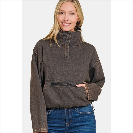 Zenana Acid Wash Fleece Half Snap Sweatshirt - Black / s - Sweatshirts & Hoodies on Sale Worldwide Shipping
