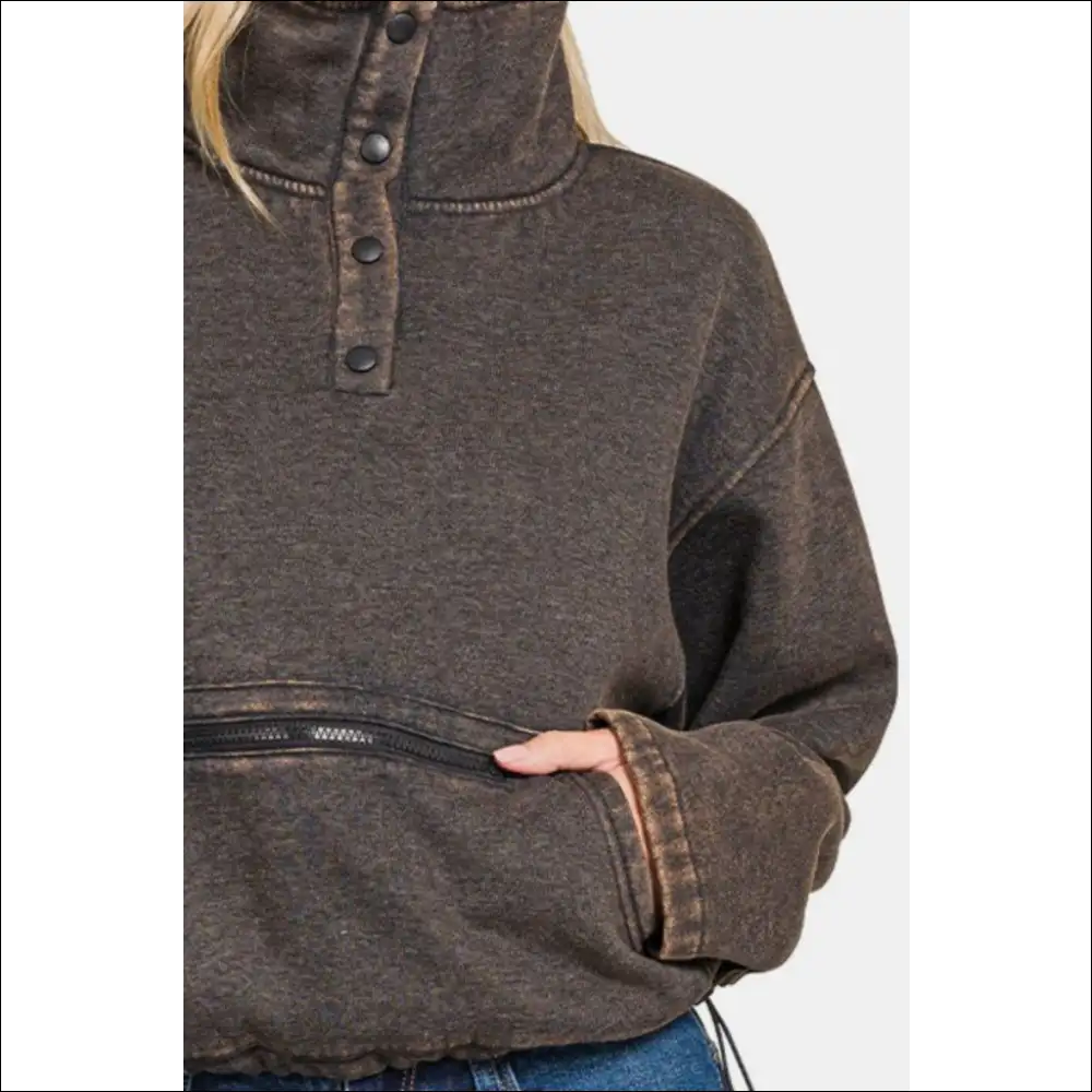 Zenana Acid Wash Fleece Half Snap Sweatshirt - Sweatshirts & Hoodies on Sale Worldwide Shipping