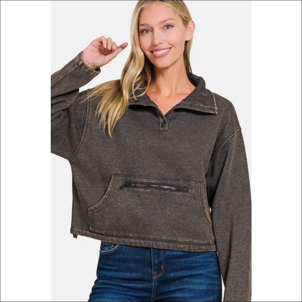 Zenana Acid Wash Fleece Half Snap Sweatshirt - Sweatshirts & Hoodies on Sale Worldwide Shipping