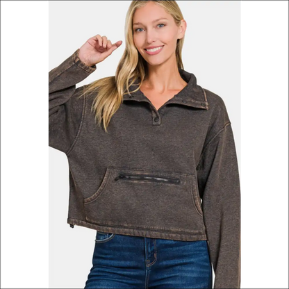 Zenana Acid Wash Fleece Half Snap Sweatshirt - Sweatshirts & Hoodies on Sale Worldwide Shipping