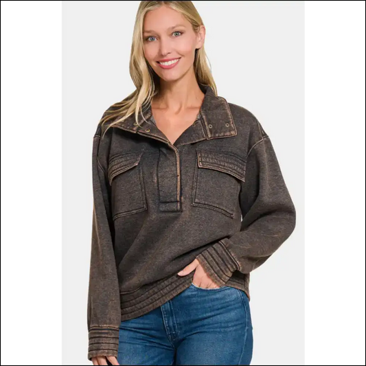 Zenana Acid Washed Half Snap Fleece Sweatshirt - Black / s - Sweatshirts & Hoodies on Sale Worldwide Shipping