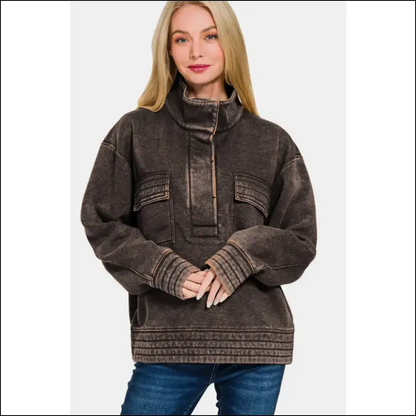 Zenana Acid Washed Half Snap Fleece Sweatshirt - Sweatshirts & Hoodies on Sale Worldwide Shipping