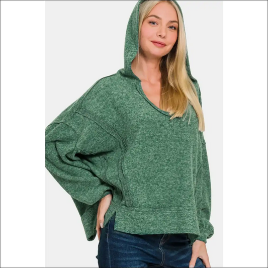 Brushed Hacci Balloon Sleeve Exposed Seam Hoodie - Green / S/m - Hoodies Sweatshirts & on Sale Worldwide Shipping