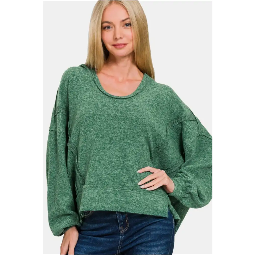 Brushed Hacci Balloon Sleeve Exposed Seam Hoodie - Hoodies Sweatshirts & on Sale Worldwide Shipping