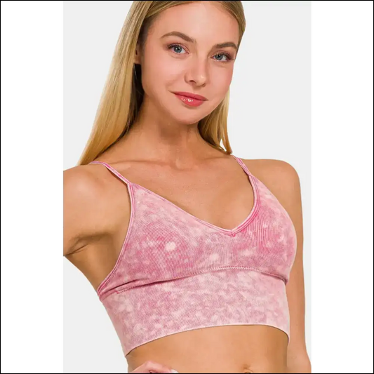 Zenana Chic Washed Ribbed Bra Padded Cami - Pink / L/xl - Tank Tops on Sale Worldwide Shipping