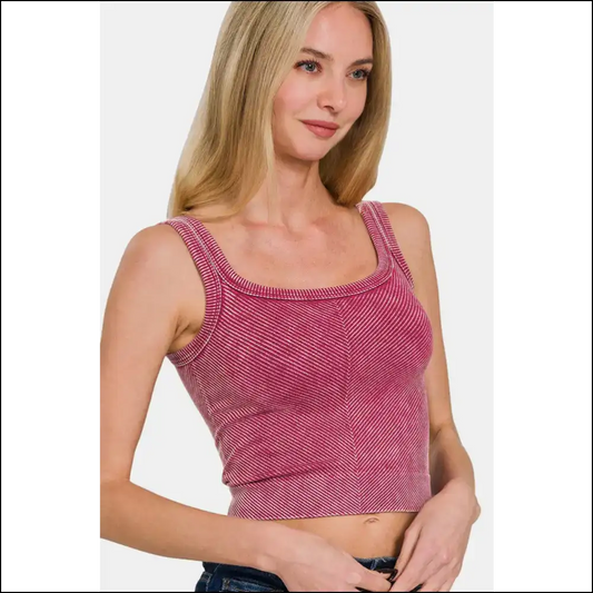 Zenana Chic Washed Ribbed Scoop Neck Tank - Burgundy / S/m - Tops on Sale Worldwide Shipping