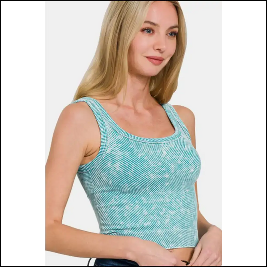 Zenana Chic Washed Ribbed Scoop Neck Tank Top - Blue / L/xl - Tops on Sale Worldwide Shipping