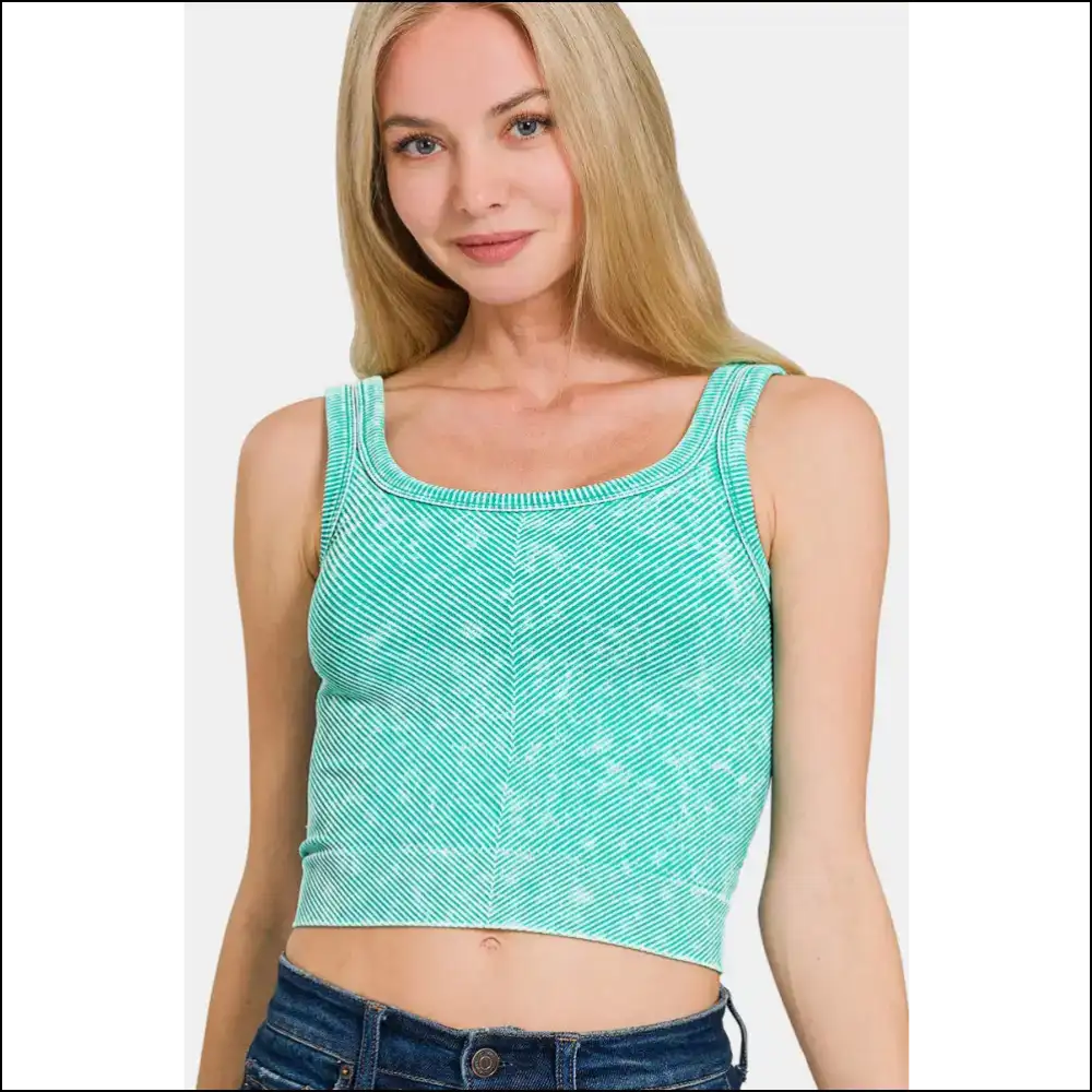 Zenana Chic Washed Ribbed Scoop Neck Tank - Turquoise / S/m - Tops on Sale Worldwide Shipping
