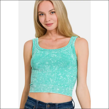 Zenana Chic Washed Ribbed Scoop Neck Tank - Turquoise / S/m - Tops on Sale Worldwide Shipping