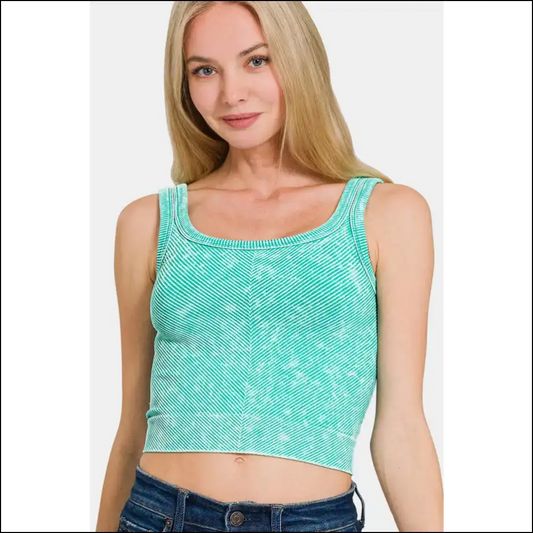 Zenana Chic Washed Ribbed Scoop Neck Tank - Turquoise / S/m - Tops on Sale Worldwide Shipping