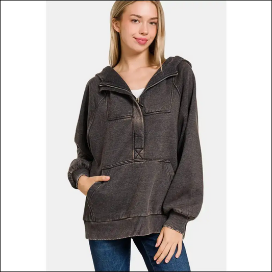 Zenana Cozy Acid Wash Fleece Kangaroo Hoodie - Black / m - Hoodies Sweatshirts & on Sale Worldwide Shipping