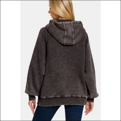 Zenana Cozy Acid Wash Fleece Kangaroo Hoodie - Hoodies Sweatshirts & on Sale Worldwide Shipping