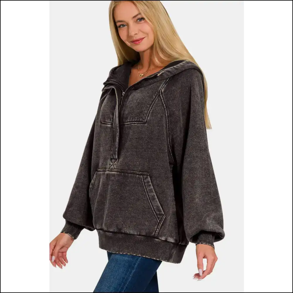 Zenana Cozy Acid Wash Fleece Kangaroo Hoodie - Hoodies Sweatshirts & on Sale Worldwide Shipping
