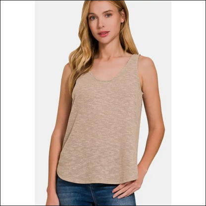 Zenana Curved Hem Round Neck Tank Top - Mocha / s - Tops on Sale Worldwide Shipping