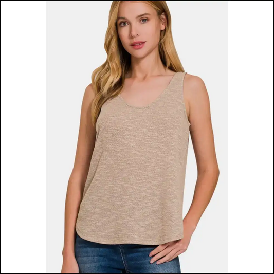 Zenana Curved Hem Round Neck Tank Top - Mocha / s - Tops on Sale Worldwide Shipping