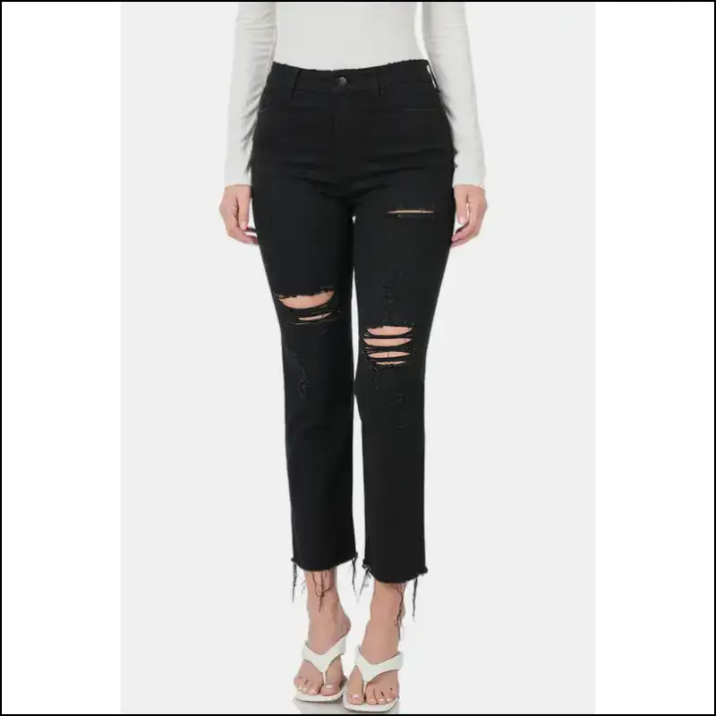 Zenana Distressed Raw Hem Cropped Jeans: Look Like a Snack Feel Boss! 🍔✨ - Black / 0(24) - Jeans on Sale Worldwide Shipping