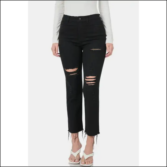 Zenana Distressed Raw Hem Cropped Jeans: Look Like a Snack Feel Boss! 🍔✨ - Black / 0(24) - Jeans on Sale Worldwide Shipping