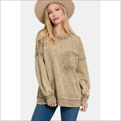 Trendy Exposed Seam Round Neck Sweatshirt - Mocha / s - Sweatshirts & Hoodies on Sale Worldwide Shipping