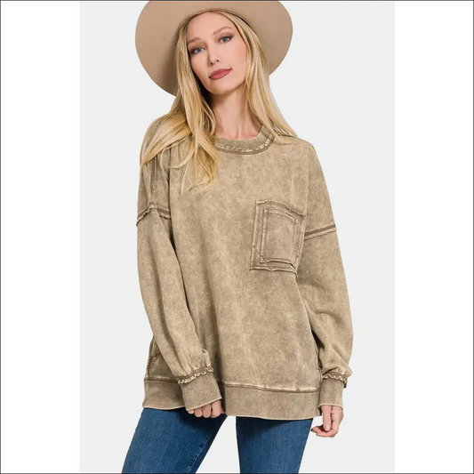 Trendy Exposed Seam Round Neck Sweatshirt - Mocha / s - Sweatshirts & Hoodies on Sale Worldwide Shipping