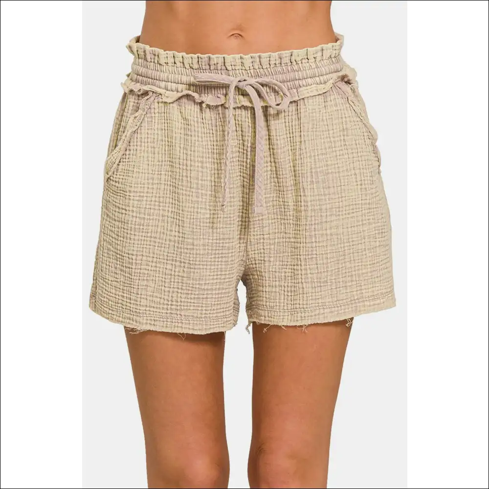 Zenana Frayed Hem Drawstring Shorts - Mocha / s - on Sale Worldwide Shipping