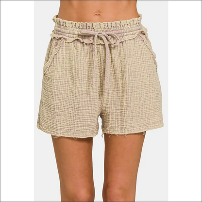Zenana Frayed Hem Drawstring Shorts - Mocha / s - on Sale Worldwide Shipping
