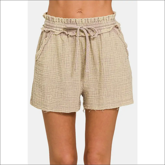Zenana Frayed Hem Drawstring Shorts - Mocha / s - on Sale Worldwide Shipping