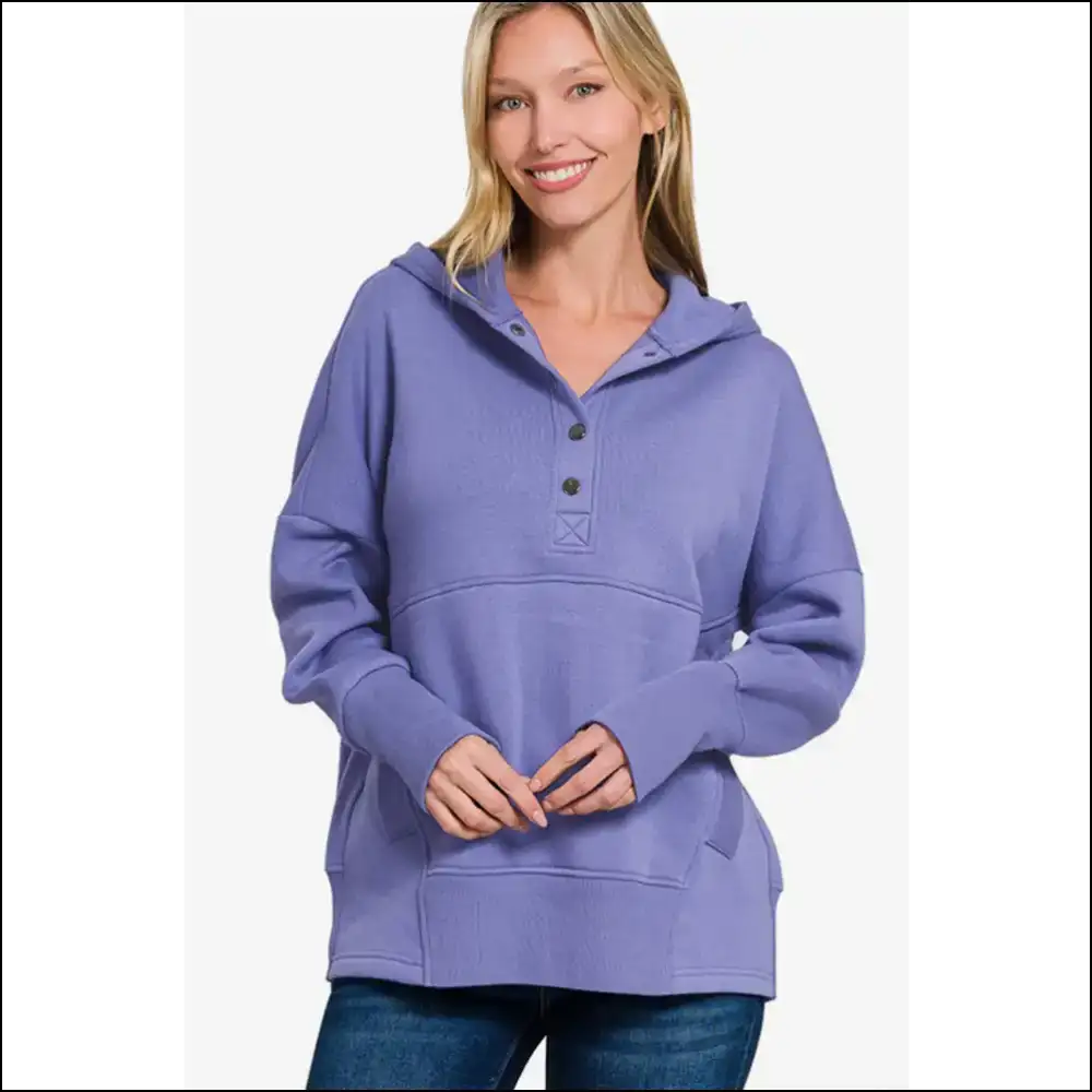 Zenana Half Snap Long Sleeve Hoodie - Blue / S/m - Hoodies Sweatshirts & on Sale Worldwide Shipping