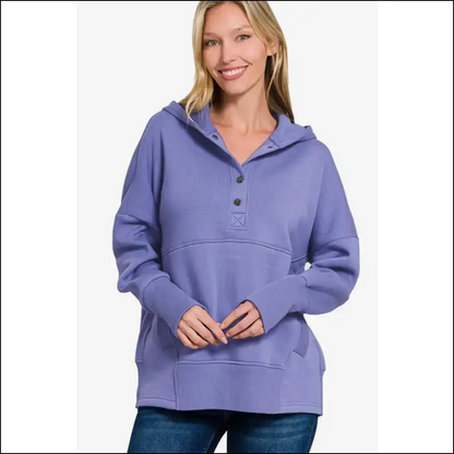 Zenana Half Snap Long Sleeve Hoodie - Blue / S/m - Hoodies Sweatshirts & on Sale Worldwide Shipping