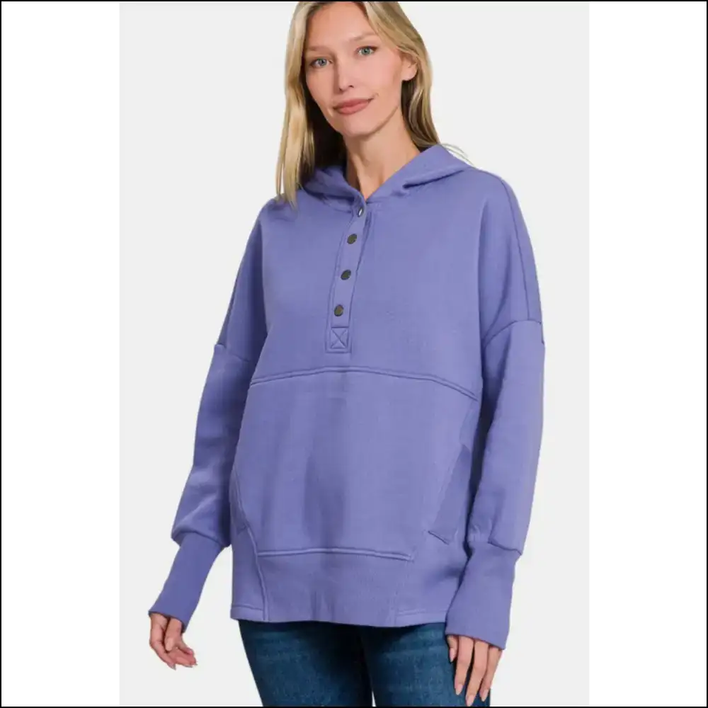 Zenana Half Snap Long Sleeve Hoodie - Hoodies Sweatshirts & on Sale Worldwide Shipping
