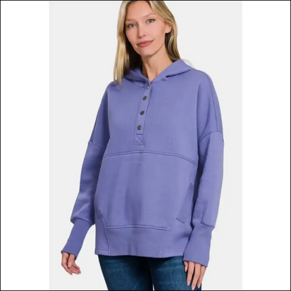 Zenana Half Snap Long Sleeve Hoodie - Hoodies Sweatshirts & on Sale Worldwide Shipping