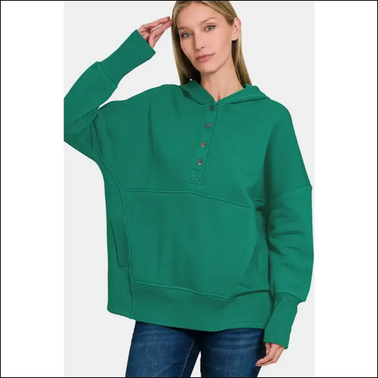 Zenana Half Snap Long Sleeve Hoodie with Kangaroo Pocket - Dark Green / S/m - Sweatshirts & Hoodies on Sale Worldwide Shipping