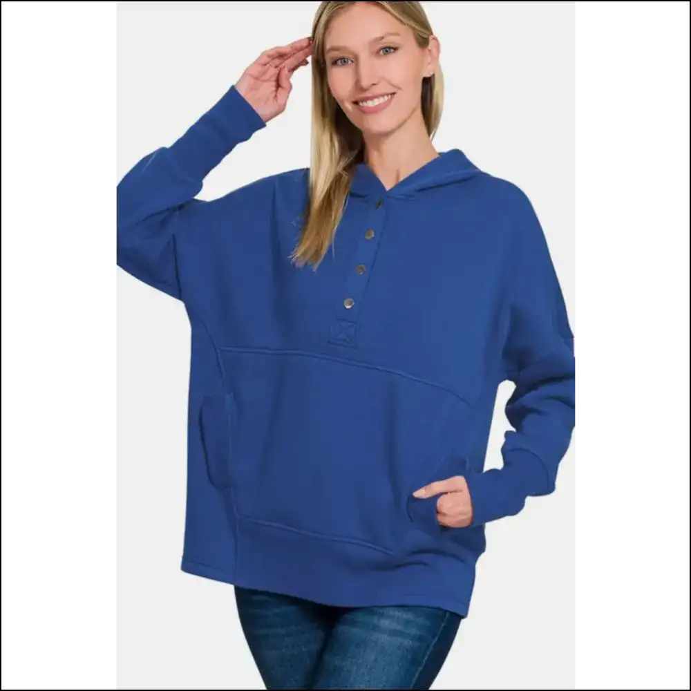 Zenana Half Snap Long Sleeve Hoodie with Kangaroo Pocket - Navy / L/xl - Hoodies Sweatshirts & on Sale Worldwide Shipping