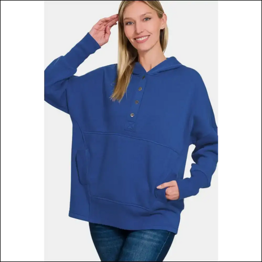 Zenana Half Snap Long Sleeve Hoodie with Kangaroo Pocket - Navy / L/xl - Hoodies Sweatshirts & on Sale Worldwide Shipping