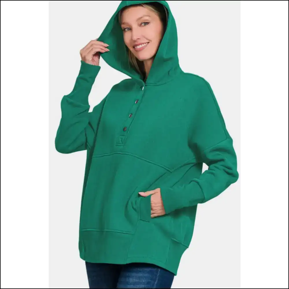 Zenana Half Snap Long Sleeve Hoodie with Kangaroo Pocket - Sweatshirts & Hoodies on Sale Worldwide Shipping